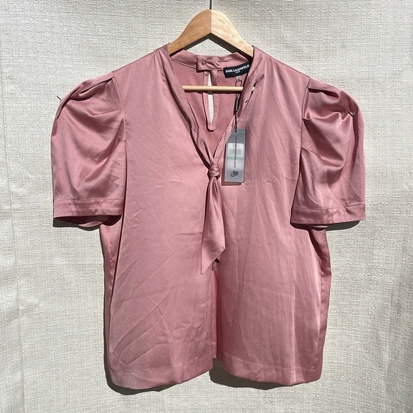 Karl Lagerfeld Paris Women’s Flowy Blouse Puff Sleeve Blush Pink Sz L - Picture 1 of 8